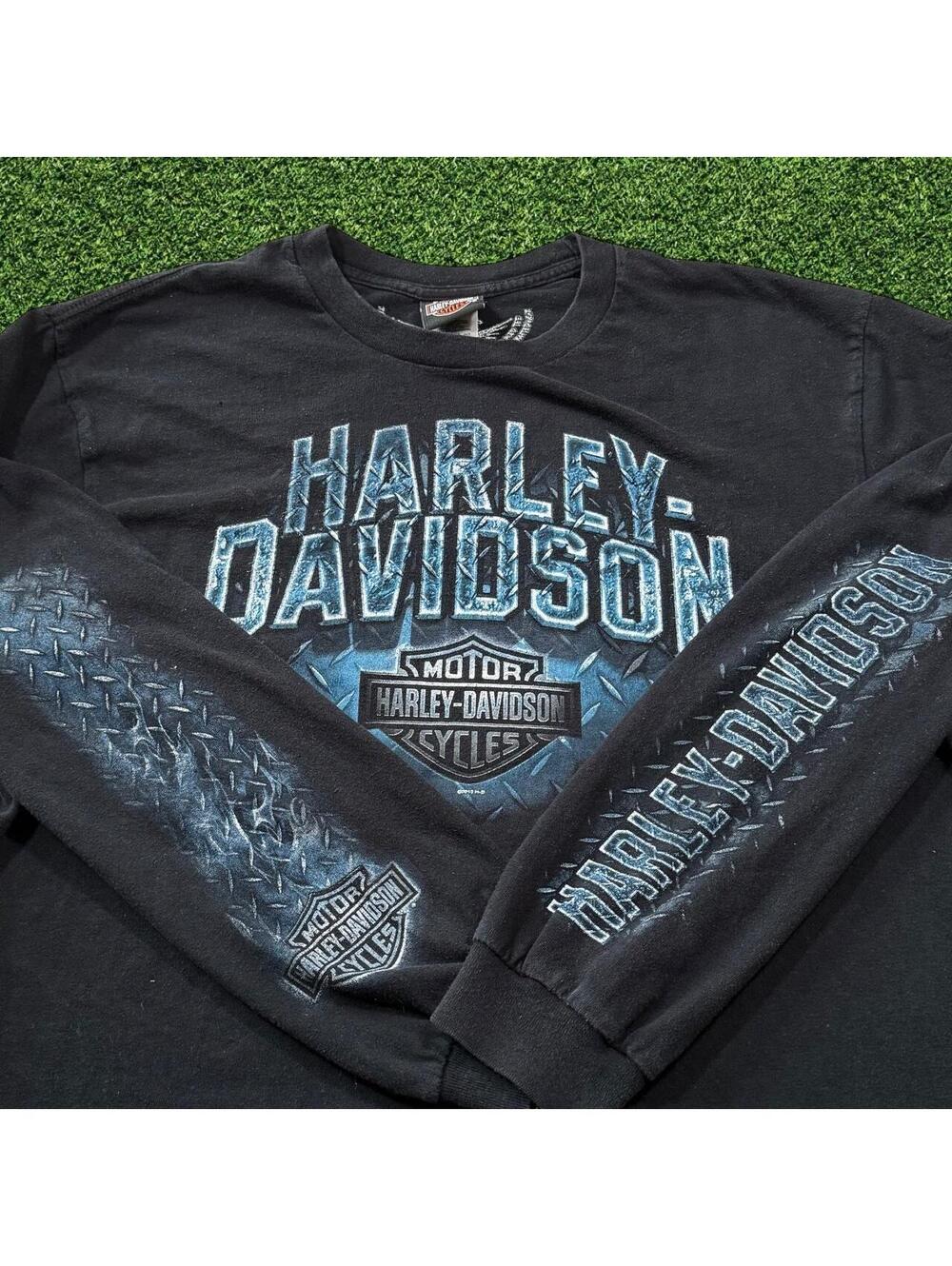Y2K Harley Davidson Blue Diamond Plate Long Sleeve Shirt Size XL
